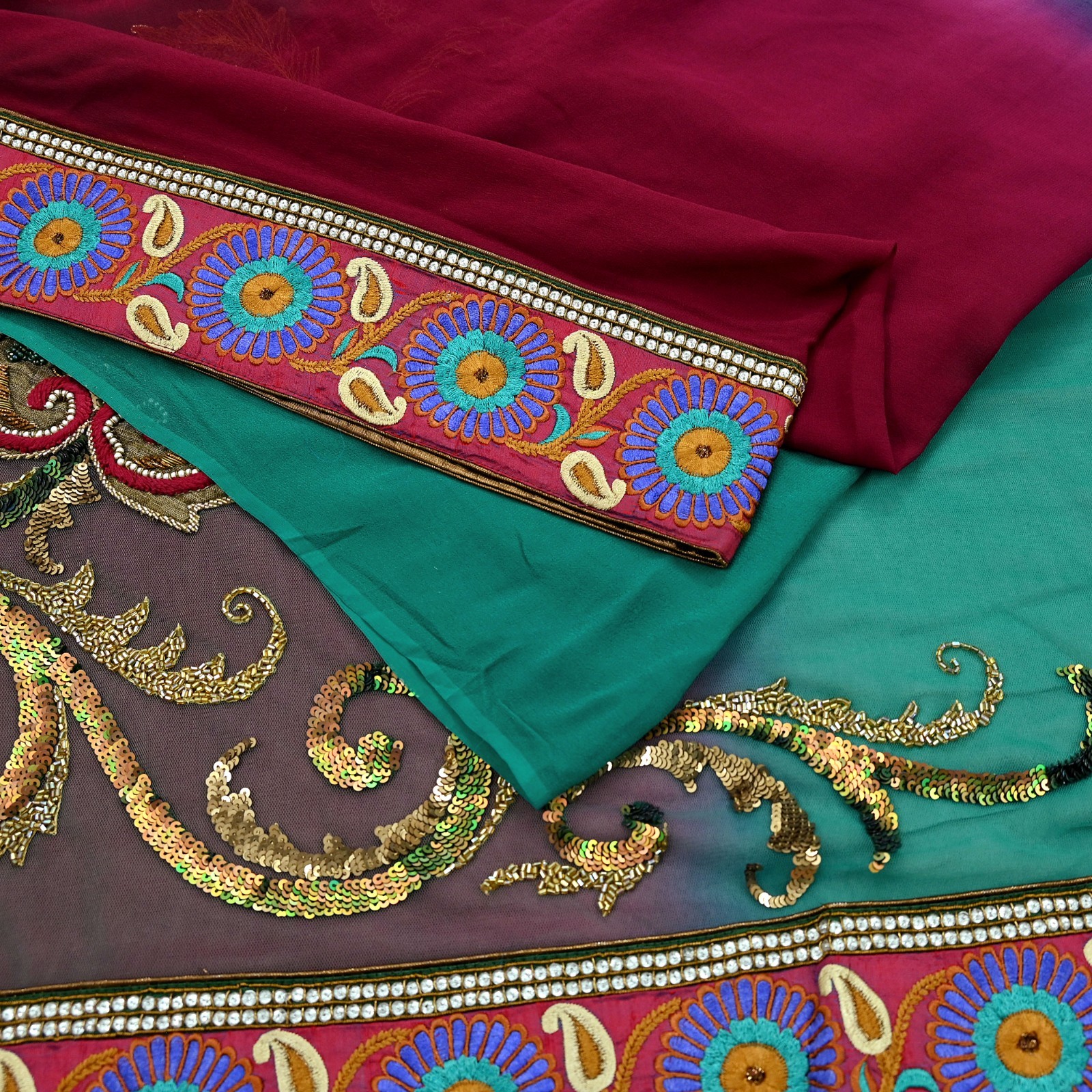 Vintage Heavy Sari Net/Georgette Silk Hand Embroidered Sarees Craft Fabric 6Yd