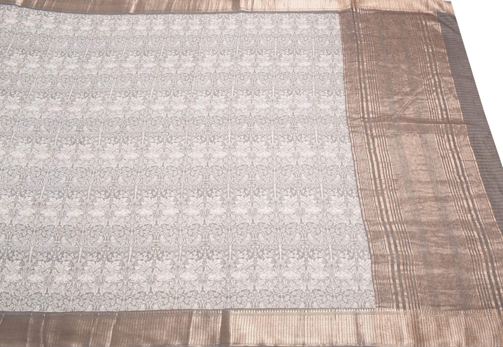Sushila Vintage Gray Art Cotton Saree Bird Animal Printed Zari Woven Sari Fabric