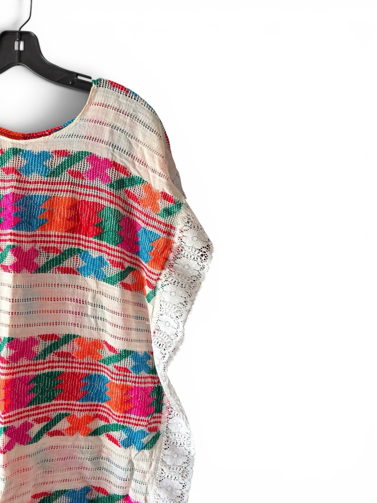 Vintage Handmade Mexican Huipil Lace Trim Woven Boho Tunic Cover Up Dress OS