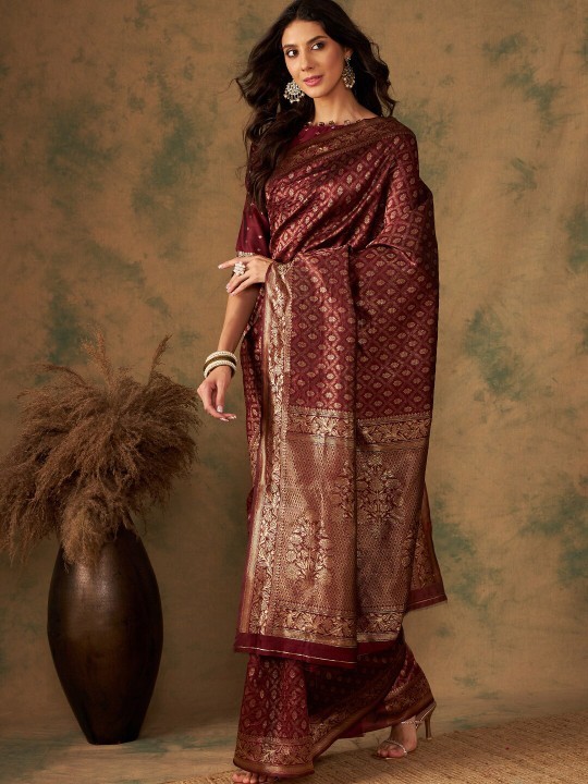 Banarasi Silk Saree Woven Designer Zari Indian Ethnic Sari Blouse For Womens