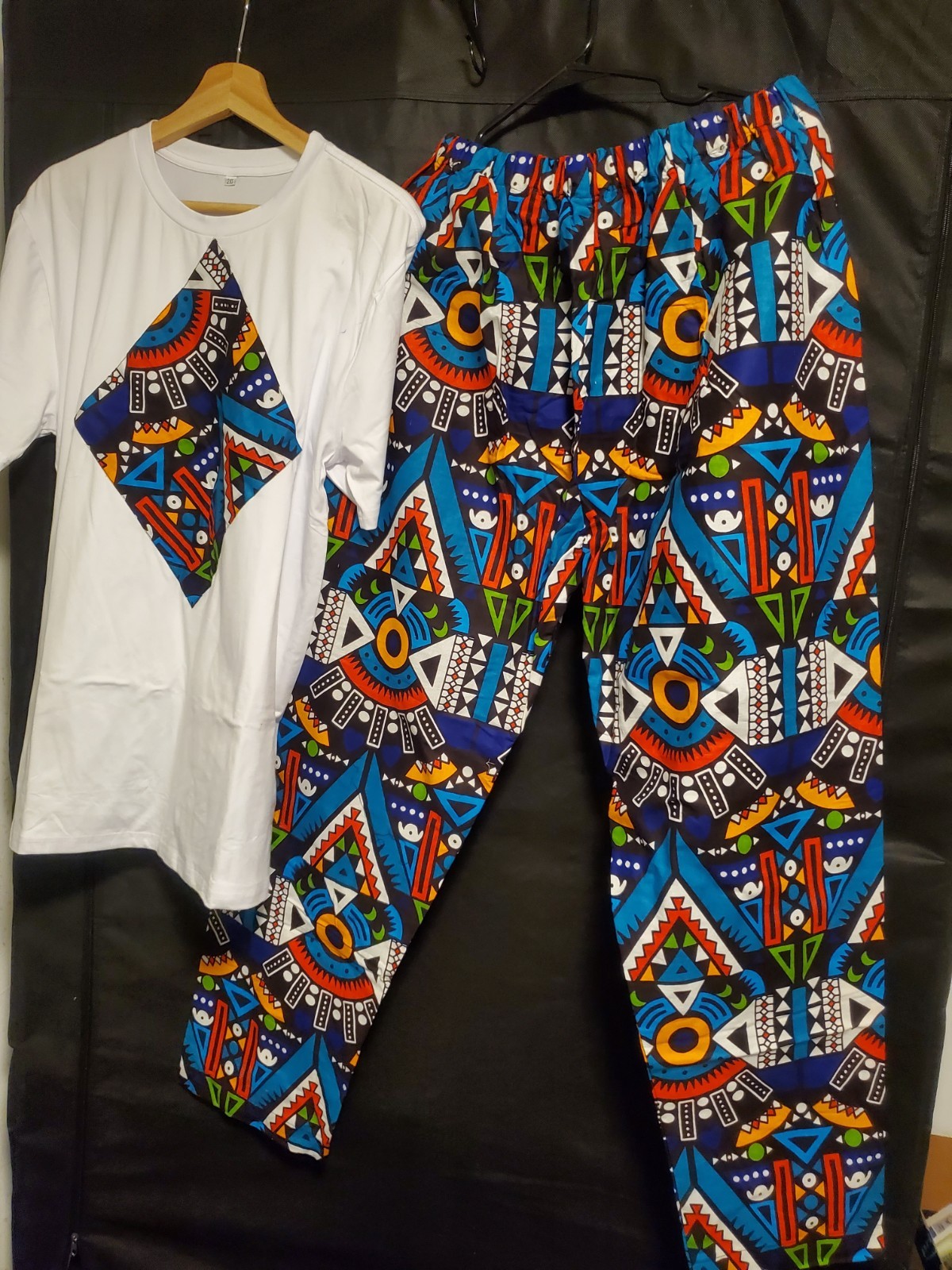 2-Piece African Dashiki Print Lounge Set White Asymmetric – Blue XXL (Fits XL)