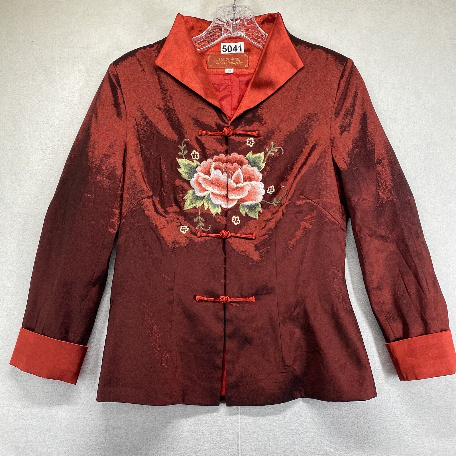 Boerzhongshi Red Embroidered Floral Design Toggle Front Closures Women’s Jacket