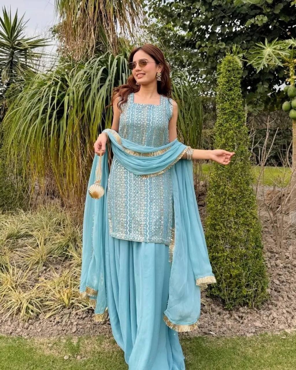 Stylish Powder Blue Faux Georgette Top Palazzo With Dupatta For Functional