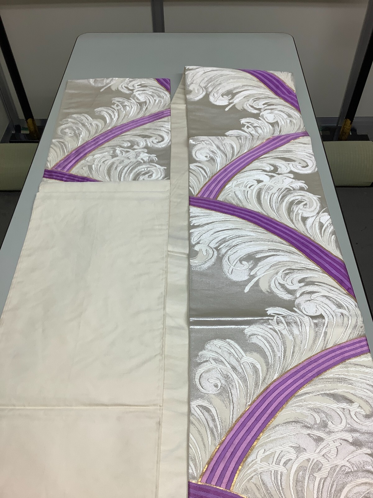 Japanese Vintage Kimono Fukuro Obi pure silk silver embroidery 163.7×12.5inch