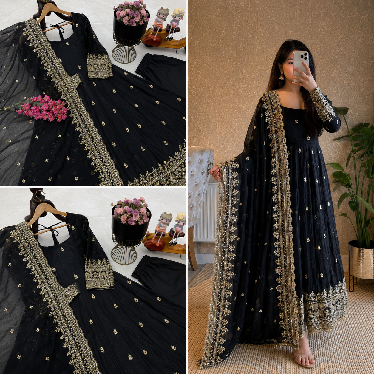 Black Fendy Silk Heavy Embroidery Ready Made Anarkali Salwar Kameez Party Wear