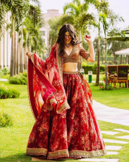 New Red Khadi Organza Lehenga And Mulberry Silk Blouse With Dupatta For Wedding