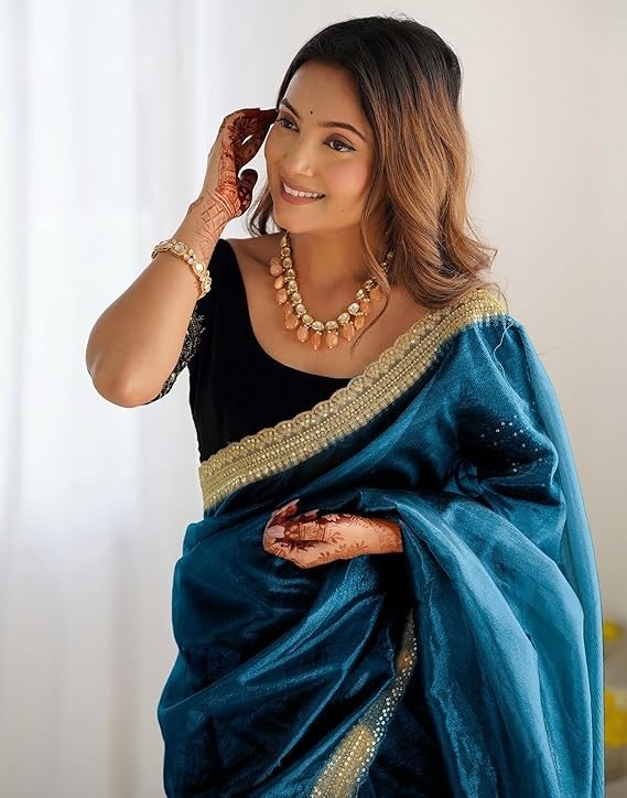 Women’s Shimmer Net Sequence Embroidery Lace Saree for With Blouse Piece