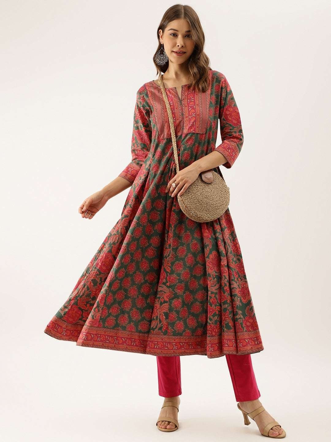 Xs To 7XL Green Floral Printed Flared Kurta Dress Women Ethnic Indian Long Kurti