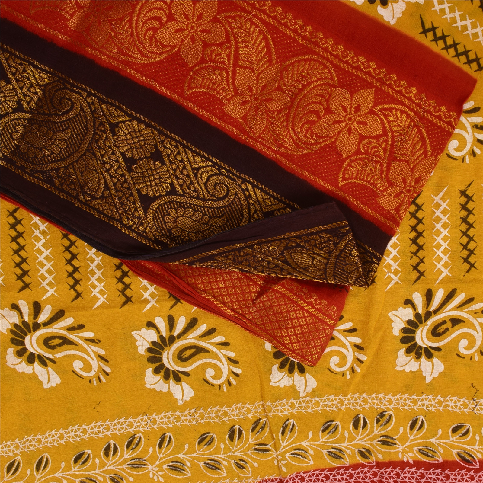Sanskriti Vintage Sarees Yellow/Red Pure Cotton Printed Sari 5+Yd Craft Fabric