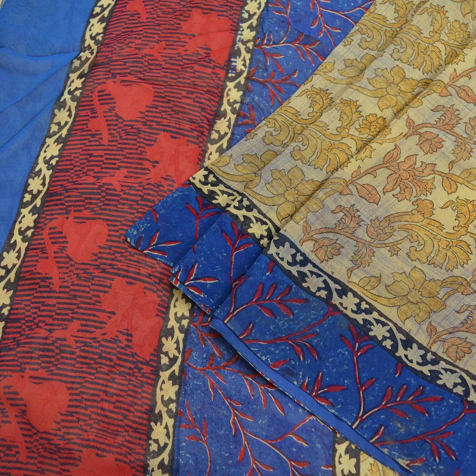 Indian Vintage Sari Beige & Blue Pure Georgette Silk Sarees Craft Fabric Sewing