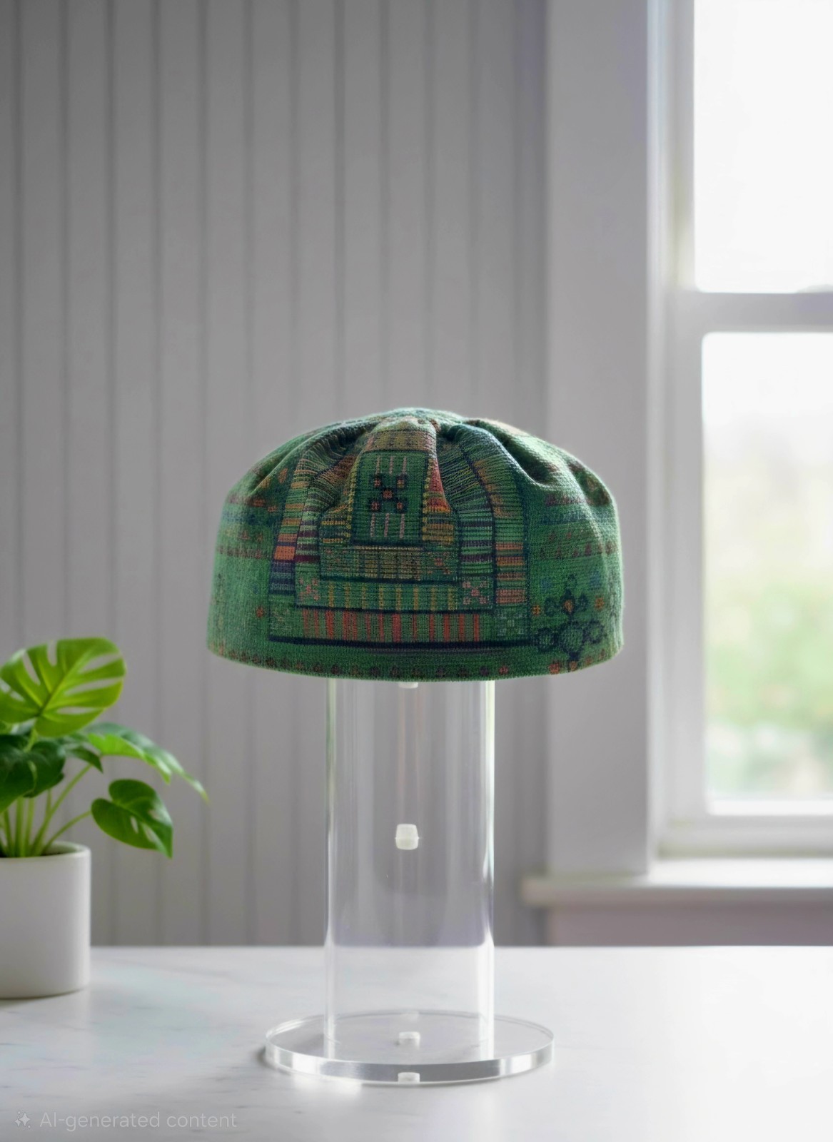 traditional green Uzbek Tubeteika, a structured skullcap embroidered…