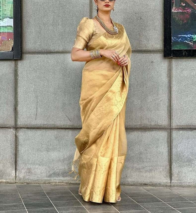Embellished Banarasi Handloom Art Silk Saree with Unstitched Blouse (Beige, Gold