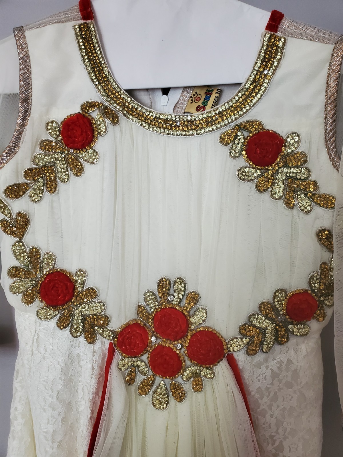 Indo-Western Gown Dress | White & Red Floral Embroidery | Party Wear Bollywood