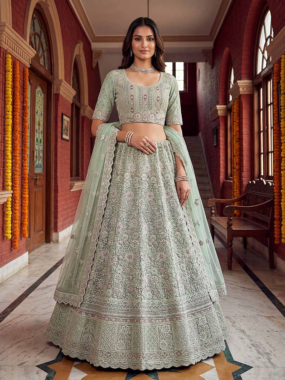Bridal Net Lehenga Choli Sequins Zircon Designer Reception Party Dress