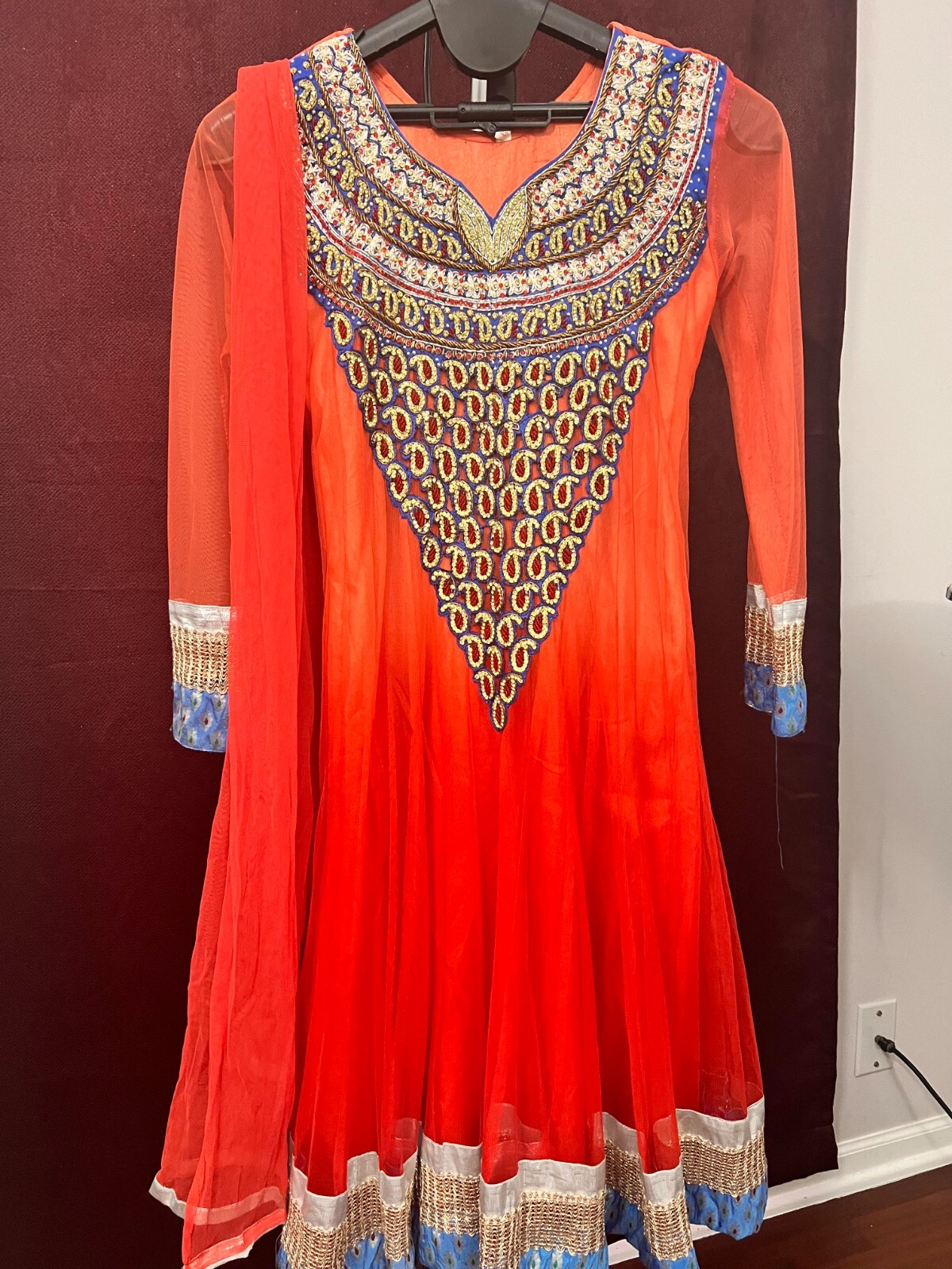Orange Anarkali with Intricate Gold Blue Embroidery – Size 38