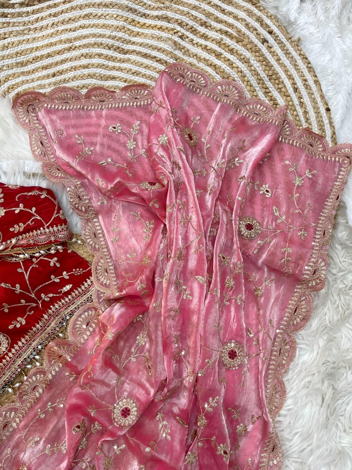 Cherry Red & Baby Pink Organza Saree With Designer Embroidered Blouse