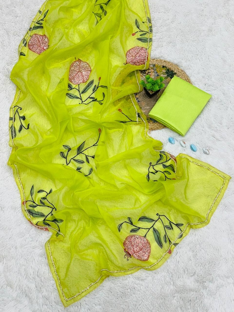 Beautiful floral print with beads and katdana handwork Soft Organza Saree
