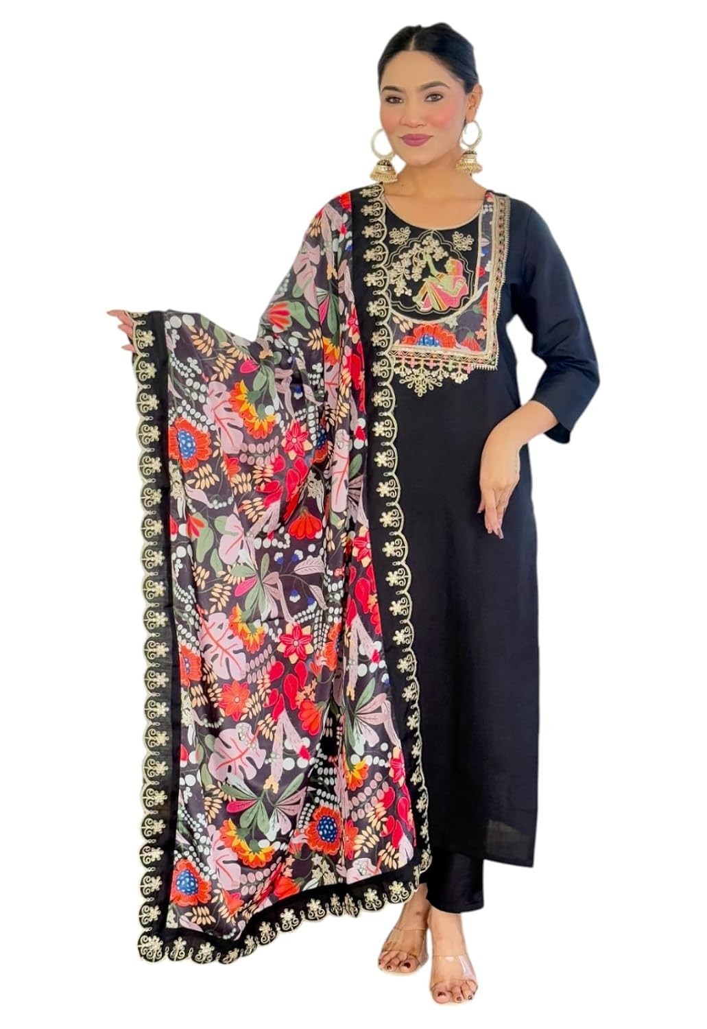 Women’s Viscose Chanderi Embroidery Work Straight Kurta, Pant and Dupatta Set