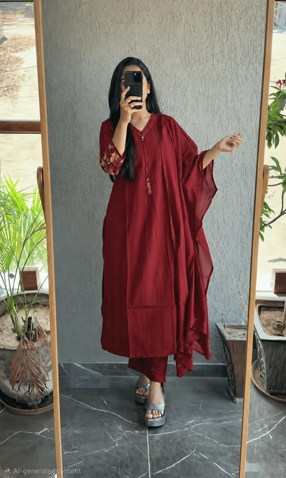 Women’s Maroon Kurta Pant Dupatta Set Indian Ethnic Suit Casual Festive