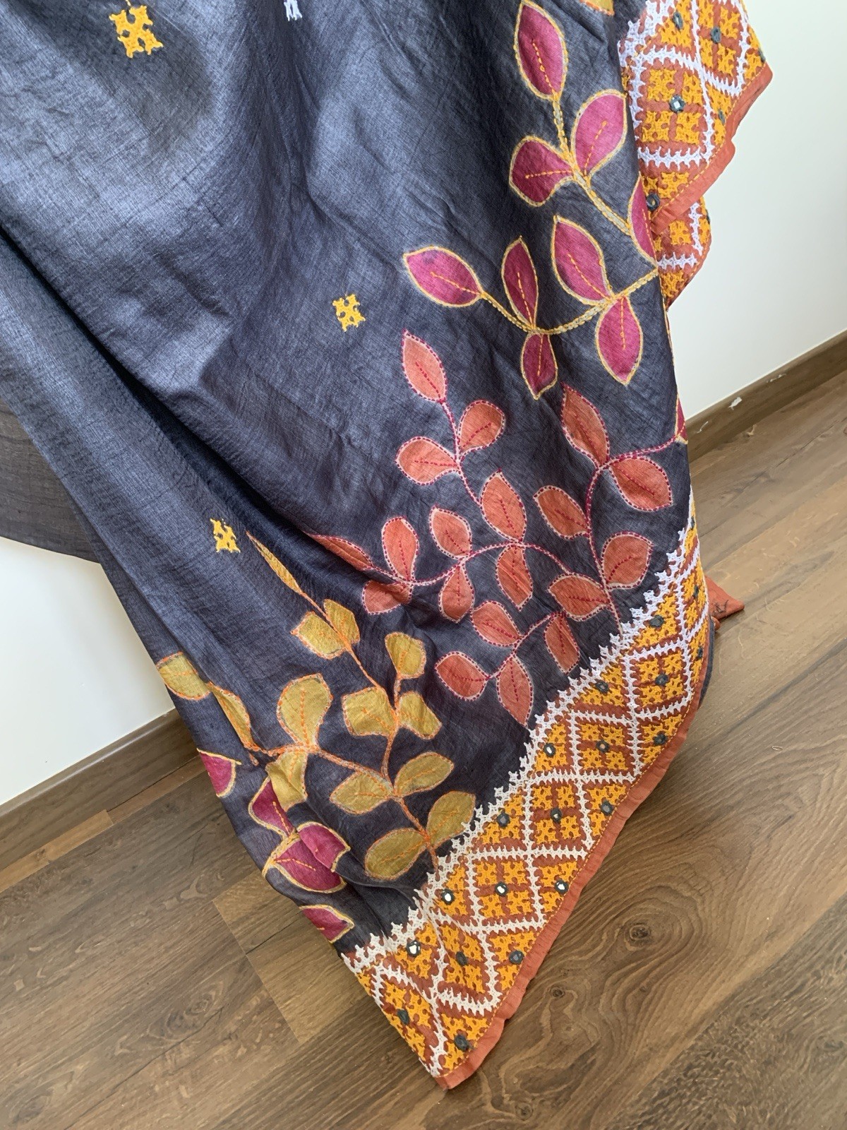 Gray Gujurati Stitch Tussar Silk Saree sari Festival party wear For Women