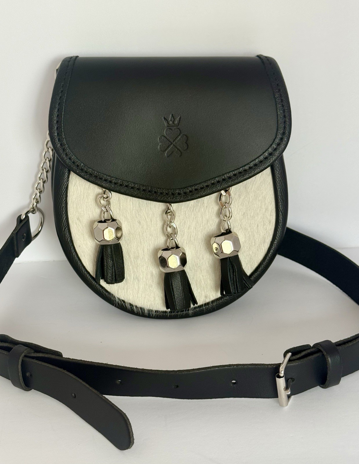 NIXEY Black & Cream Leather Sporran Chain & Tassels Crossbody Waist Shoulder