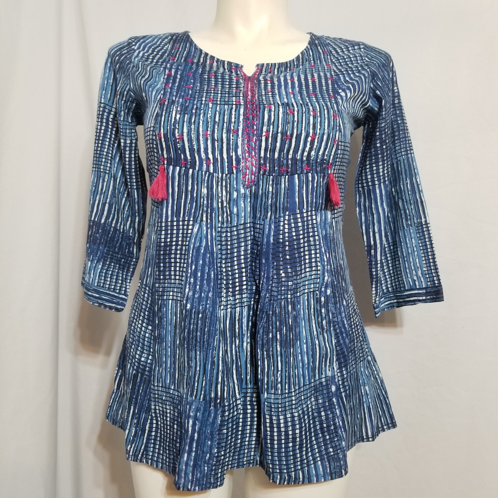 Morpankh Indigo Women’s Medium Striped Top Shirt Blouse With Tassels -NWT