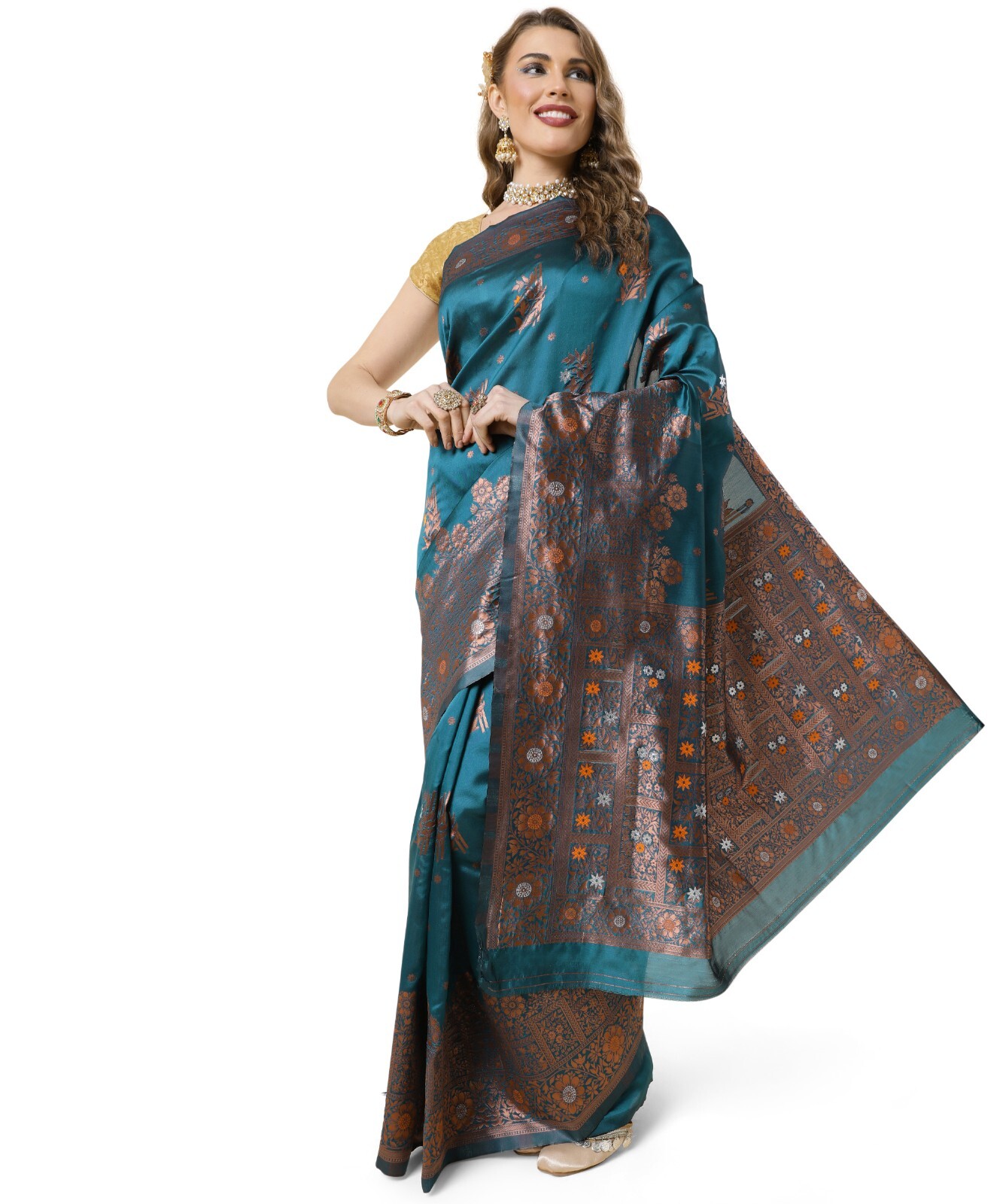 Areca Designer Floral divya Silk Blue saree blouses women Saree cut- 5.5 meter
