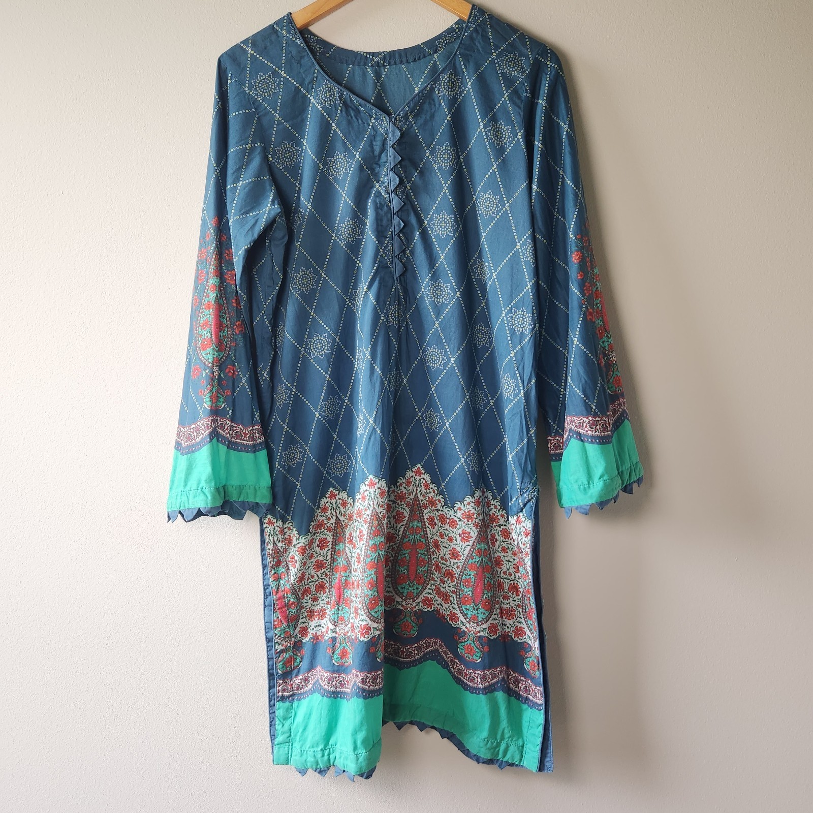 Pakistani Lawn Cotton Kurta Tunic Top Blue Geometric Floral Scalloped Slit L 12