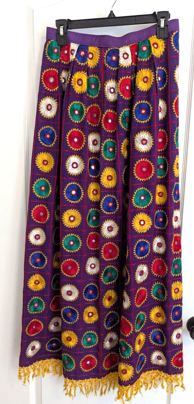 Vintage Boho Festival Maxi SKIRT Purple Silk Hand Embroidery Mirrors Ceremonial