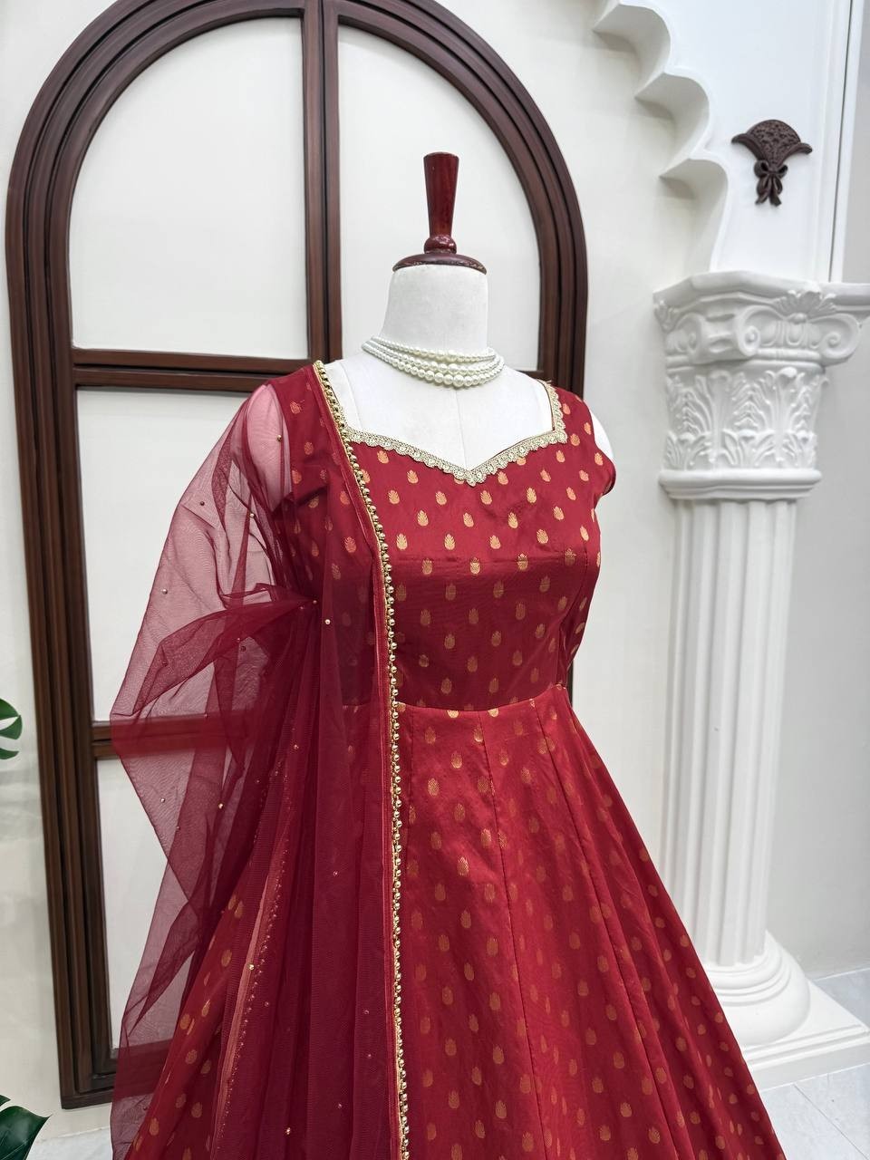 Stylish Chanderi Jacquard Butti Maroon Gown Bottom With Dupatta For Women Wear