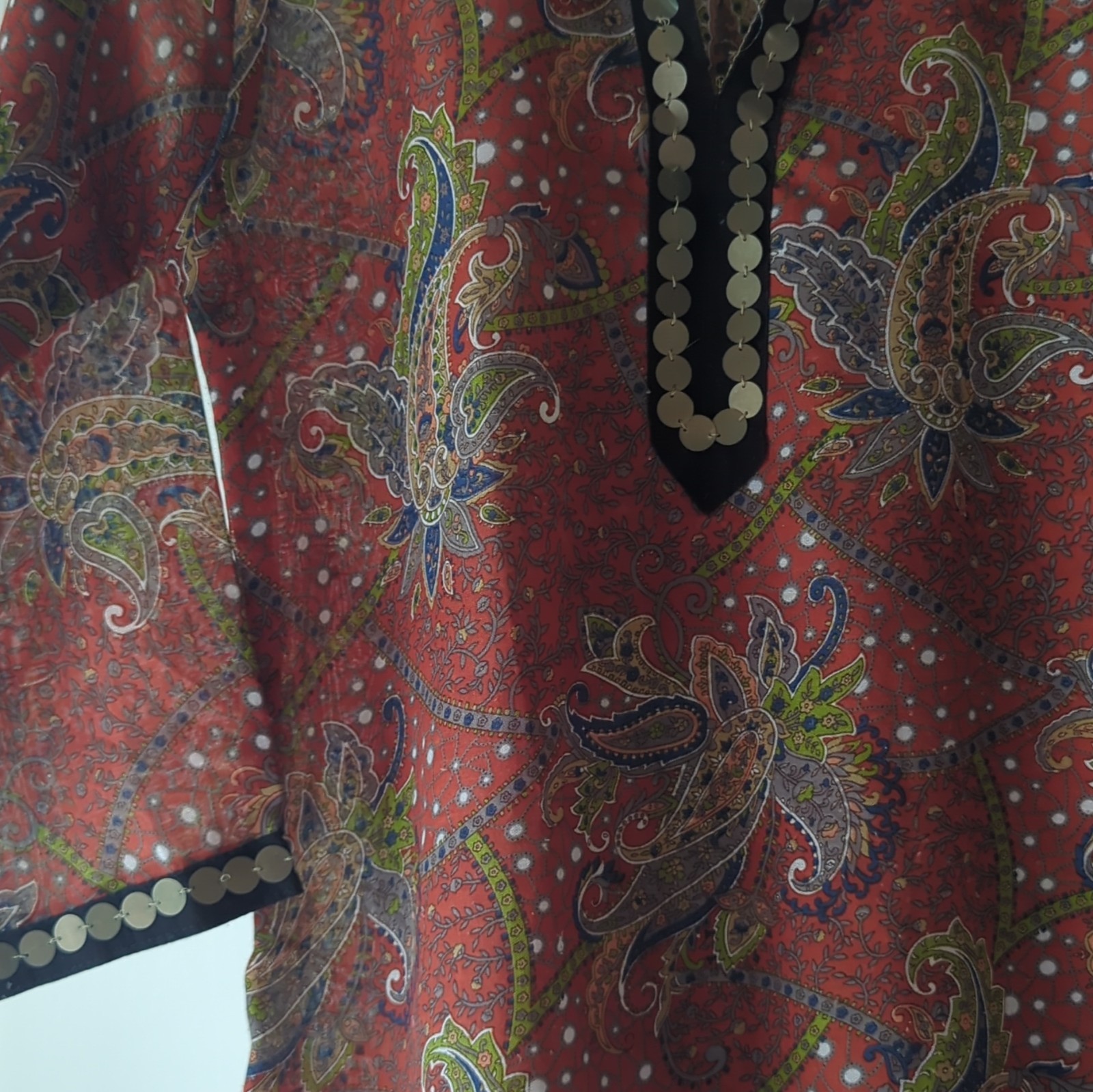 Handmade Women’s Orange red Paisley Kurta Tunic V-Neck Mirror Trim 3/4 Sleeve