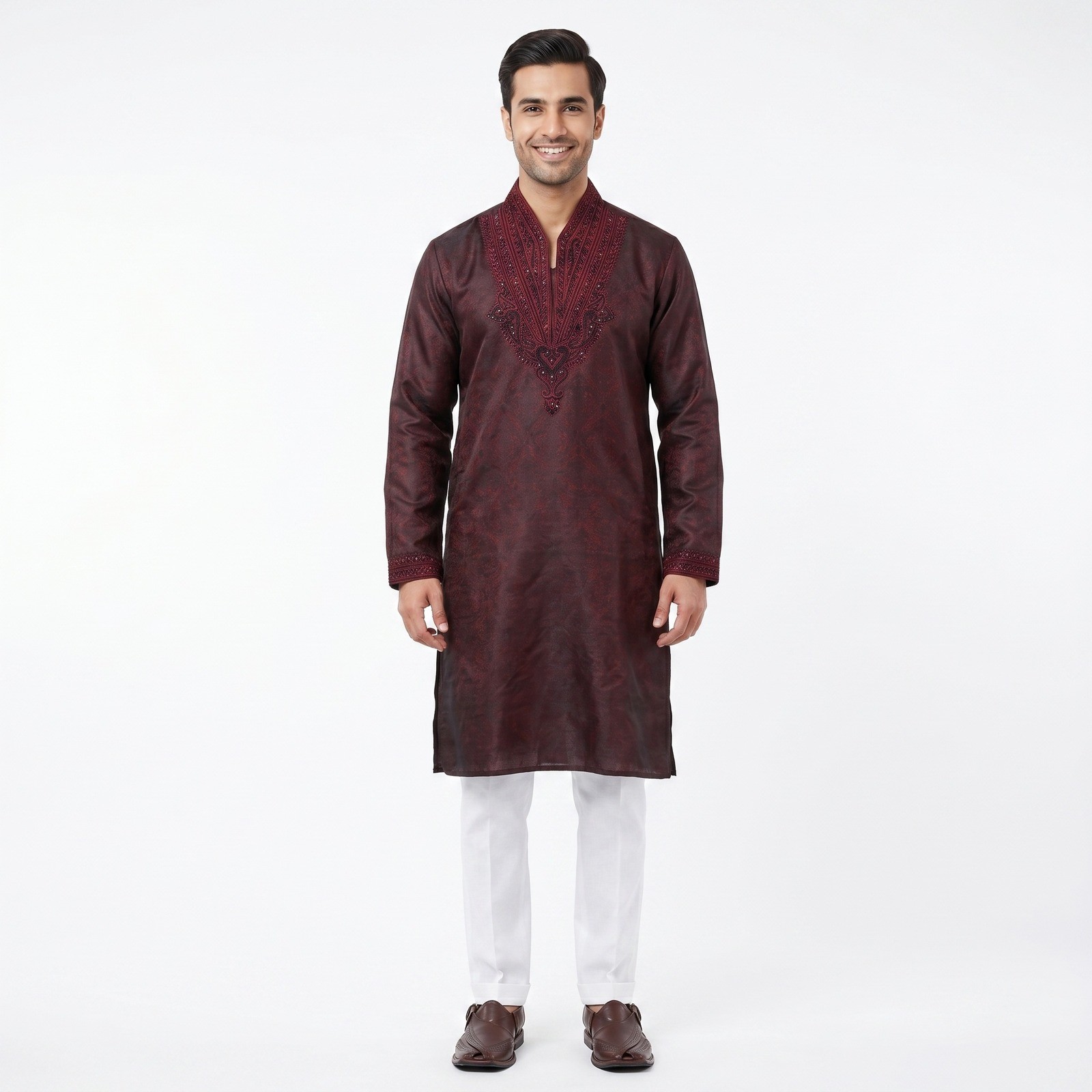 Mens Burgundy Jacquard Kurta Embroidered Beaded Long Tunic Shirt India Size 38