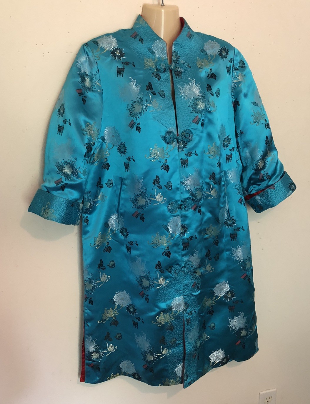 Vtg Peony Brand Chinese Kimono Size 38 Women’s S-M Reversible Blue Or Red FLAWED