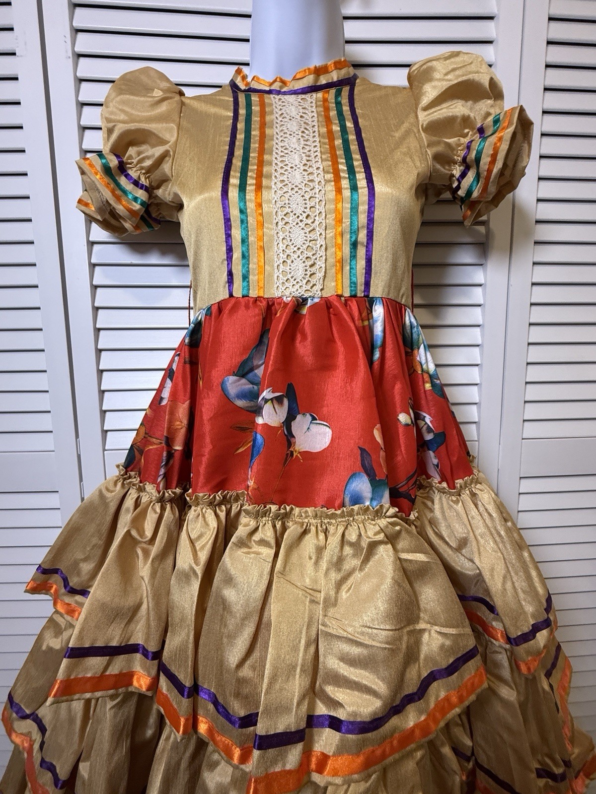 Mexican Folkloric Dance Dress Gold With Purple Orange Ribbon Older Child