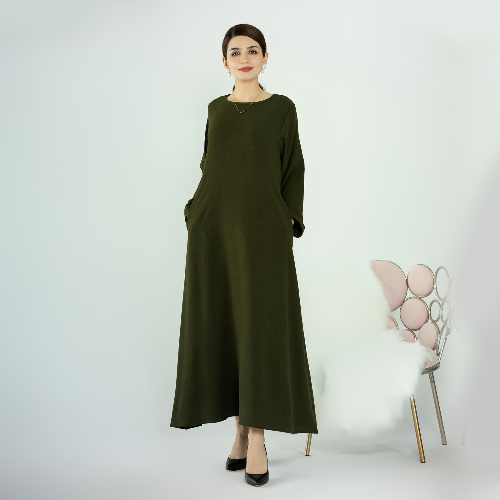 New Muslim Womens Simple Solid Color Long Sleeve Abaya Loose Robe Kaftan