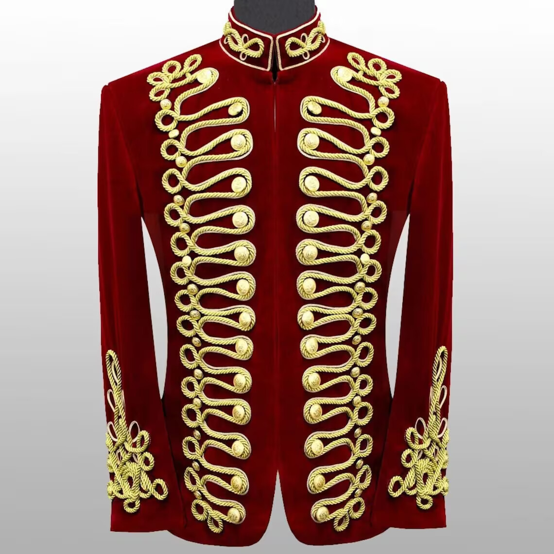 Men Braided Red Velvet Jacket Military Gold Braided Jacket Hussars