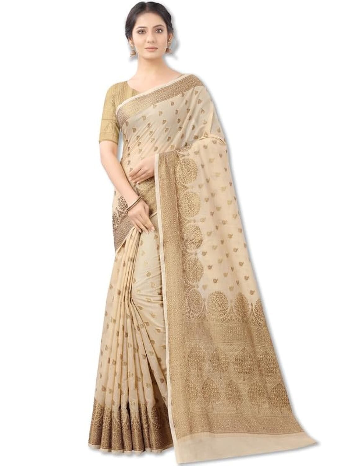 Womens Silk Cotton Golden Zari Rich Pallu Banarasi Saree With Blouse Piece