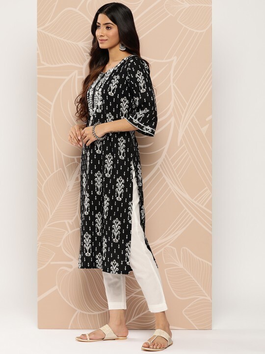 Beautiful Black & White Embroidered Cotton Kurta with Gotta Patti Details