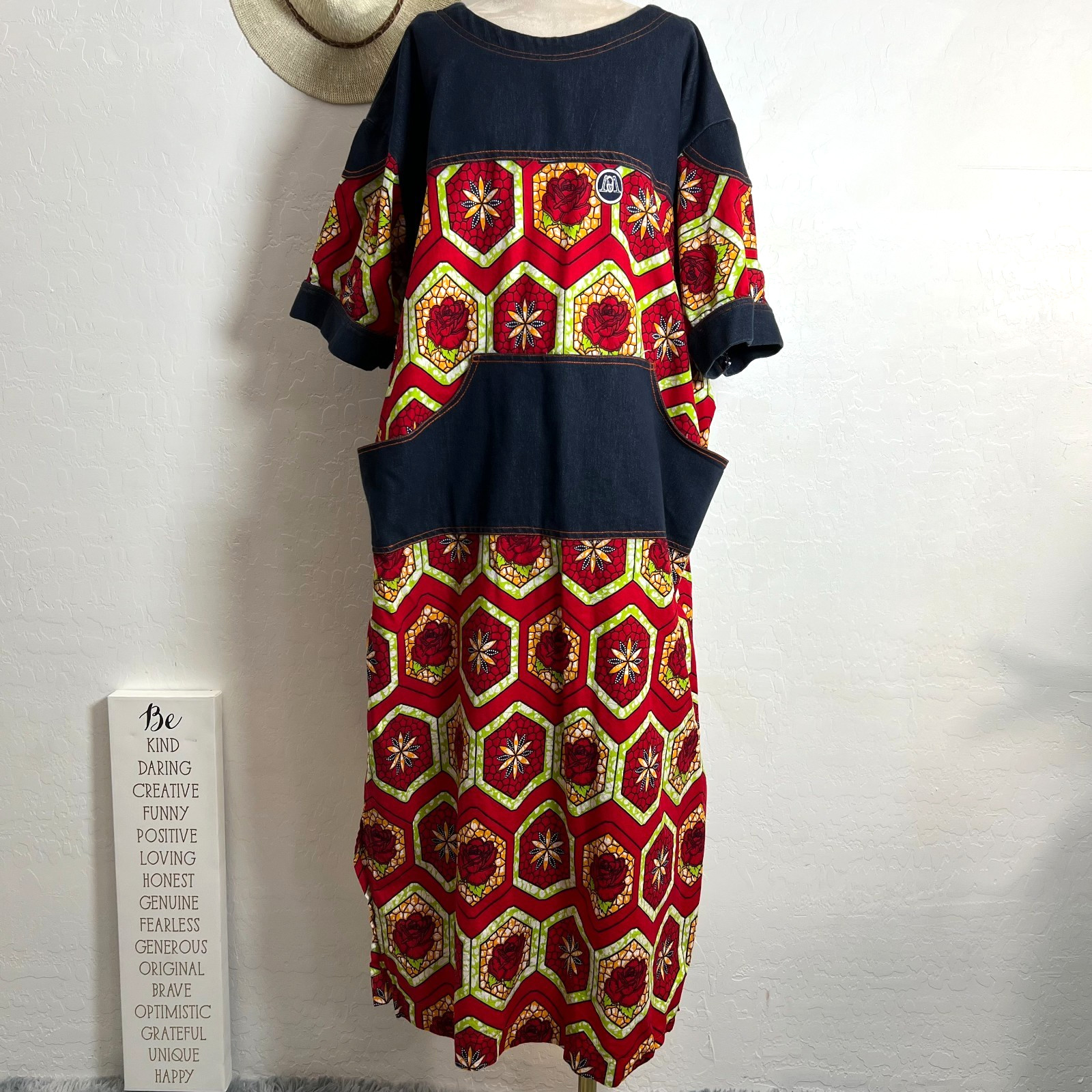 HANDMADE vtg kaftan maxi dress African wax print rare dead stock pattern denim