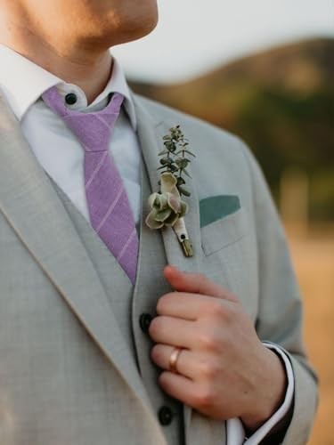 Skinny Ties for Men,Cotton Linen Neck Tie for Daily Purple Striped