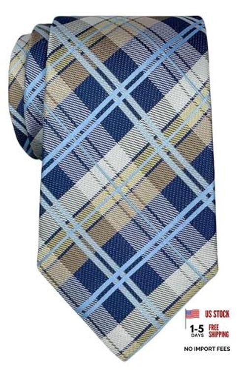 Men’s Tartan Check Woven Microfiber Tie Navy Blue and Khaki