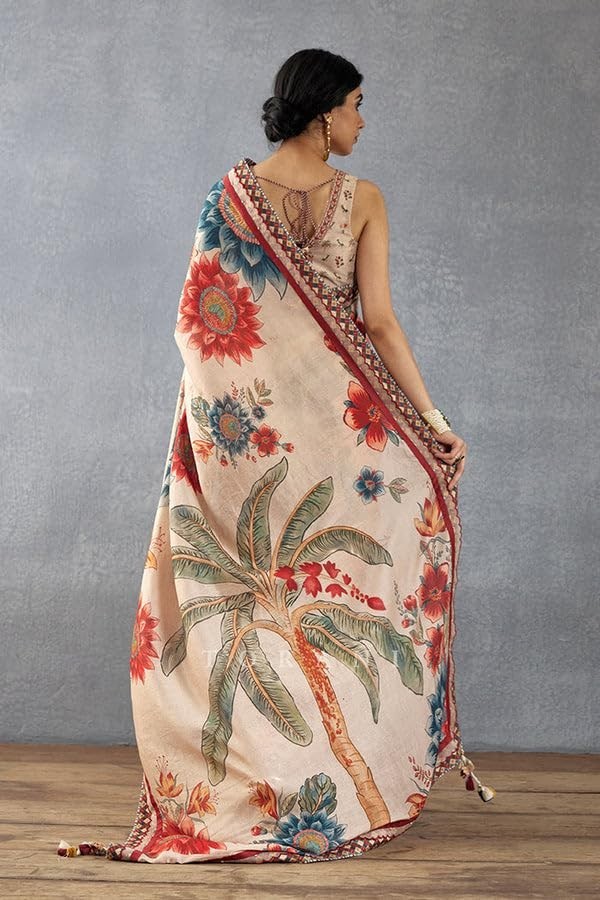 Women’s Farewell Floral Print Sarees With Lace Border & Unstitched Blouse Piece