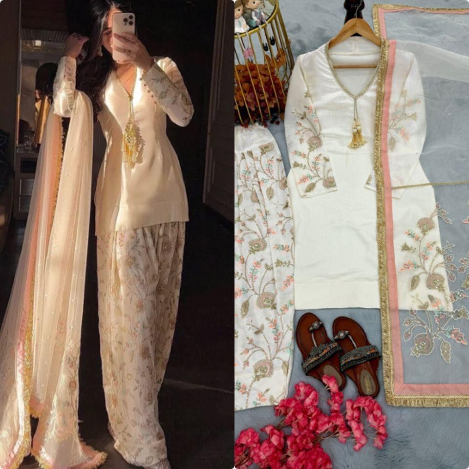 Designer Satin Top Farshi Palazzo Dupatta Party Wear Women Farshi shalwar suit