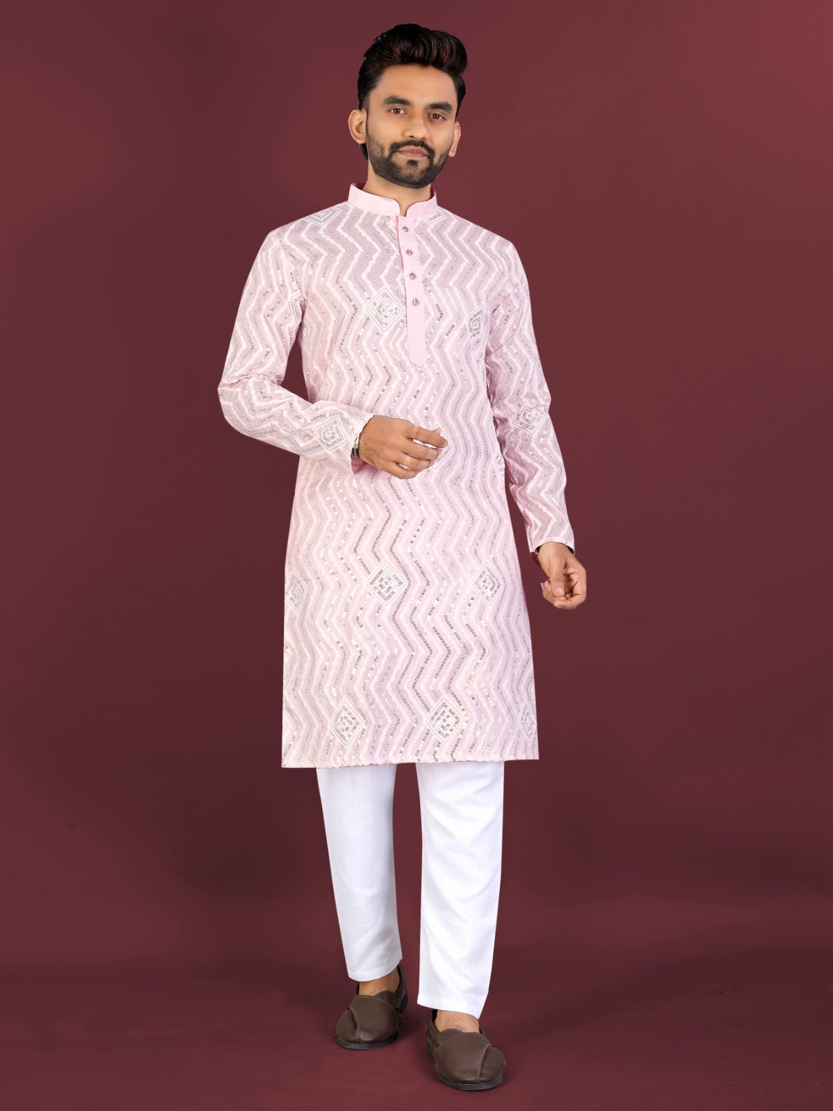 Traditional Maroon Kurta Pajama Set Men’s Soft Silk Indian Ethnic Outfit