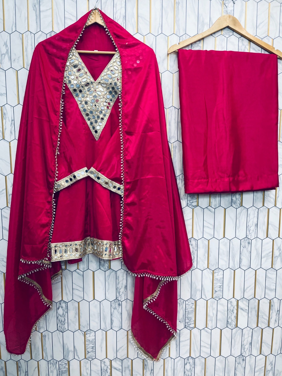 FESTIVAL SPECIAL MIRROR WORK ON SILK PINK FABRIC TOP AND PLAZZO WITH DUPATTA SET