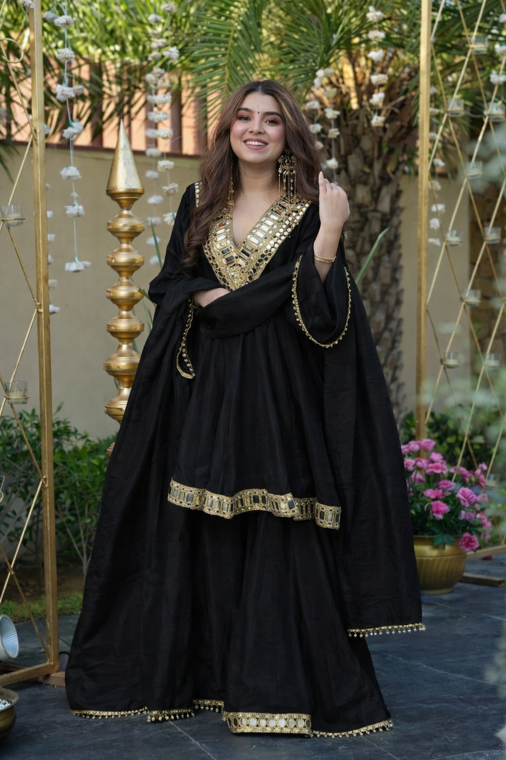 FESTIVAL SPECIAL REAL MIRROR WORK ON SILK FABRIC TOP AND PLAZZO WITH DUPATTA SET