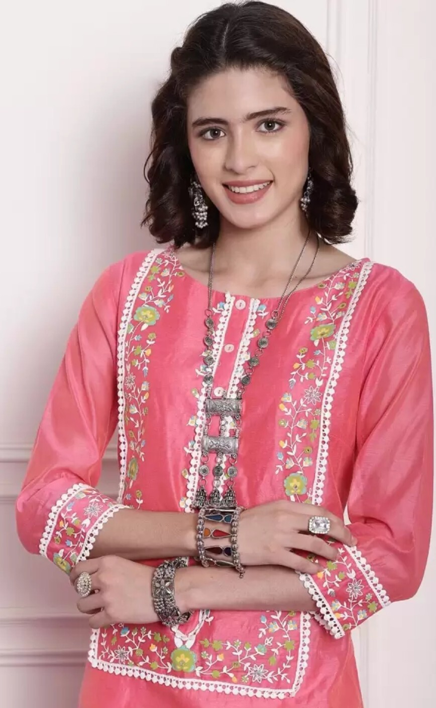 indian dresses women kurti; Women Floral Printed York design lace details Kurta