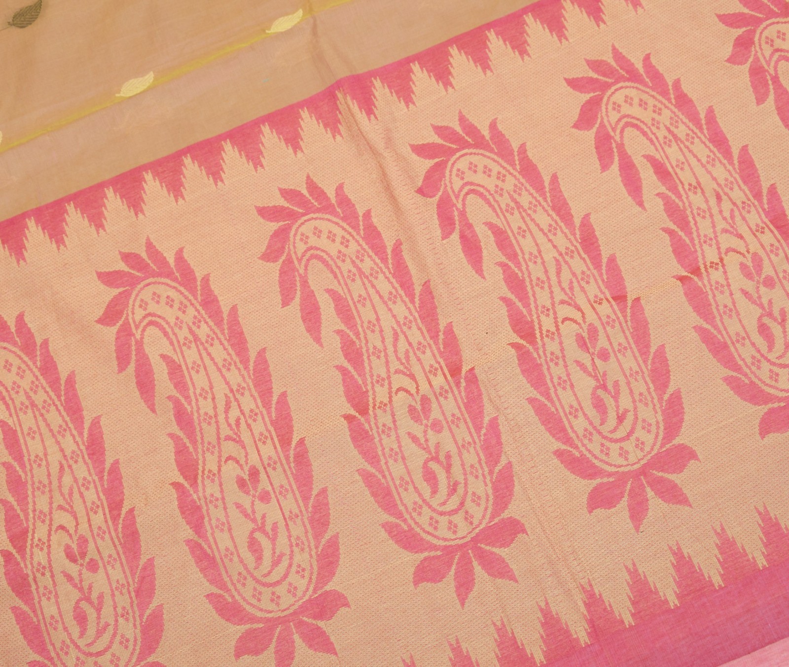 Sushila Vintage Green Pink Dual Toned Saree Pure Cotton Woven Leaves Sari Fabric