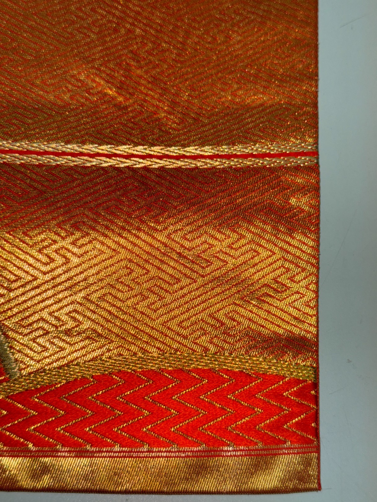 Japanese Vintage Kimono Fukuro Obi Silk Orange Traditional Embroidery 166×12 in