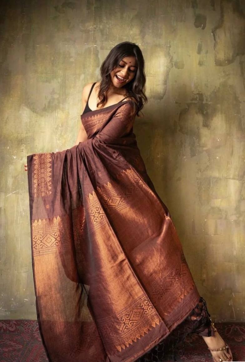 Brown Soft Lichi Silk Saree with Copper Zari & Rich Pallu Jacquard Work
